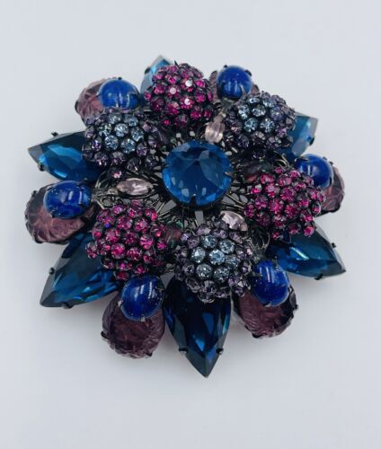 Schreiner New York Signed Vintage Large Flower Blue & Purple Glass Brooch Pin