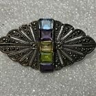 BEAUTIFUL VICTORIAN STERLING SILVER  MARCASITE & MULTI GEMS STONE PIN BROOCH