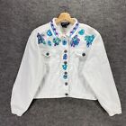 Carolle Little Jacket Women 12 White Button Up Embroidered Cropped Denim