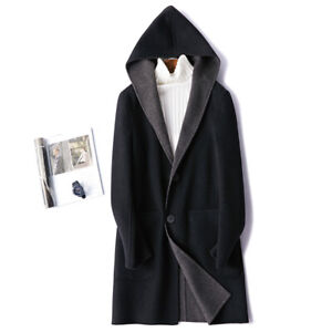 Mens 90% Cashmere Wool Overcoat High-End Winter Trench Outwear Coats Hooded