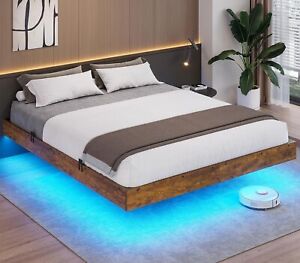 Floating Queen Bed Frame with RGB LED Lights, Modern Metal Platform Bed Frame