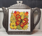 New ListingVintage Cast Iron Tile Trivet Colorful 70s Floral & Butterfly Decor Japan
