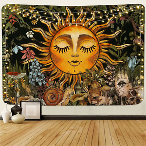 Burning Sun Tapestry Vintage Floral Tapestry Plants and Leaves Tapestries Mystic