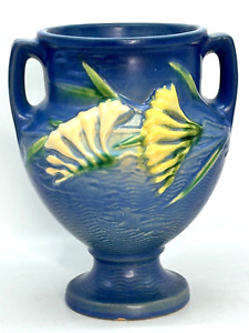 Vintage Blue Roseville Pottery #196-8 Freesia Ceramic Vase circa 1945