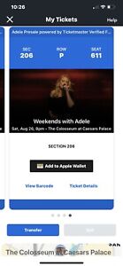Adele Concert Las Vegas Saturday Aug 26th Sec 206 Row P - 4 Tickets Together