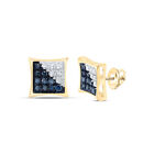 10k Yellow Gold Mens Blue Treated Diamond Square Kite Cluster Earrings 1/10 ctw