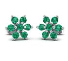 Genuine Emerald Flower Stud Earrings in Solid Sterling Silver