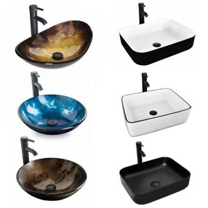 Bathroom Vessel Sink Faucet Combo Vanity Basin Bowl Pop up Drain Ceramic Glass