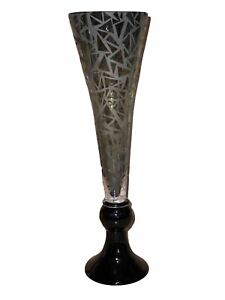 Unique Acid Etched 15”  Glass Summerso Trumpet Vase Geometric Mosaic Pattern
