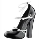 Women's Bowknot Bandage 12CM Chunky Heel Shoes Round Toe Lace Up Splicing Chic