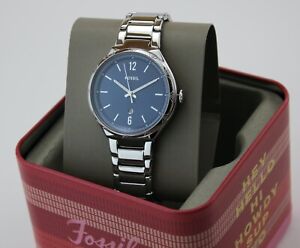 NEW AUTHENTIC FOSSIL ASHTYN SILVER NAVY BLUE DIAL WOMEN'S BQ3741 WATCH
