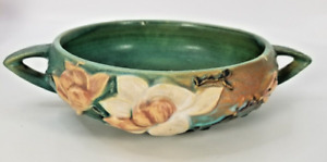 VINTAGE Roseville Pottery Green Double Handled Magnolia Bowl #447-6 1940's