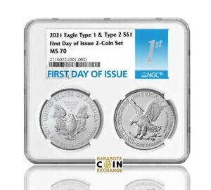 2021 $1 Type 1 and Type 2 Silver Eagle Set NGC MS70 First Day of Issue