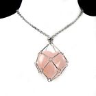 1pc Rose Quartz Heart Crystal Pendant Holder Necklace Stainless Steel Cage