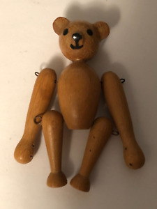 Vintage Wooden Jointed Teddy Bear Art 4” Tall