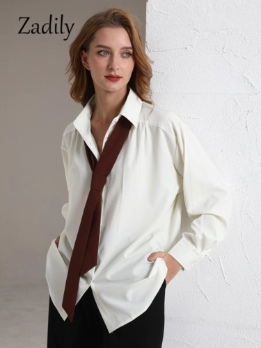 2023 Spring Minimalist Long Sleeve Button up Shirt Women Korean Style Solid Tie