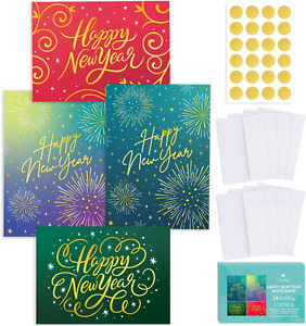 24 Happy New Year Cards Boxed With Envelopes and Gold Stickers - Gold Foil