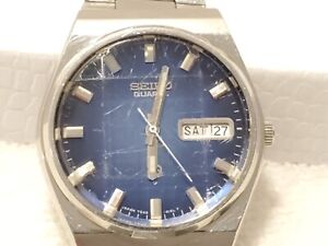 Vintage Seiko SQ Men's Day Date Watch Stainless Steel Four Jewels Blue Dial