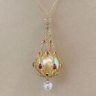 Pearl & Gemstone Lavalier Pendant,Handmade Natural Pearl Cage Necklace for Women