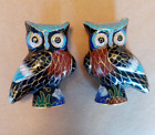 Vintage Brass Cloisonné Miniature Owl Figurines Set of 2 MCM 2.5 inches Tall