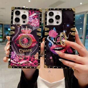 For iPhone 15 Pro Max 14 13 12 11 X Bling Crown Lips Rhinestone Ring Square Case