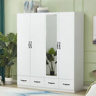 Wood Wardrobe Armoire Storage Cabinet w/ Mirror, 3/4 Doors White Wardrobe Closet