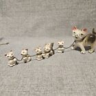 Vintage Ceramic Mama Cat With Kittens Chained Figurines Hand Painted Made Japan