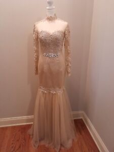 Hebeos Mermaid Wedding Dress/Formal Champagne Color Illusion Neck Lace Tulle
