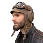 Leather Aviator Helmet Pilot Hat Cap Goggles Brown Vintage For Men and Women