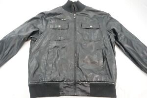 Whispering Smith Men Large Black Synthetic Leather Full Zip Bomber Jacket K515
