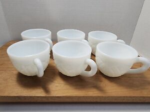 Six Vtg 50s MCM Thatcher Milk Glass Concord 6 oz Punch Bowl Tea Cups w C Handles