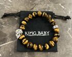 King Baby Studio Mens Sterling Silver Skull & 10mm Tiger Eye Bead Bracelet