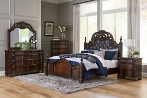 Cherry Finish Formal Traditional 4pc Bedroom King Bed Nightstand Dresser Mirror
