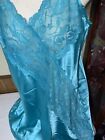 Vintage Satin Lingerie Nightgown Large Chemise Glossy Ocean Blue Aqua Full Lace