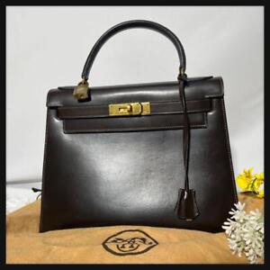 Hermes Kelly 28 L H Engraved Box Calf Outside Stitching Dark Brown _85796