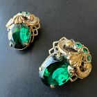 Signed GERMANY Vintage Clip Earrings Emerald Glass Gold Tone Flower Leaf A290