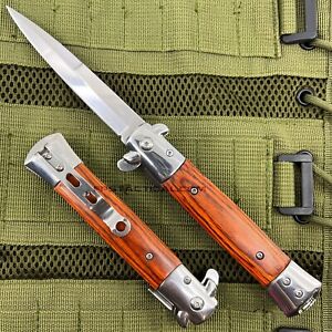 Falcon Mirror Chrome with Cherry Wood Spring Assisted Classic Stiletto Knife 4