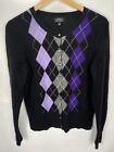 APT.9 Women’s Argyle Diamond Cashmere Cardigan Sweater Black Purple Large