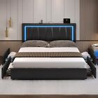 King Size Bed Frame with LED Lights & Storage Drawers Black PU Leather Bed