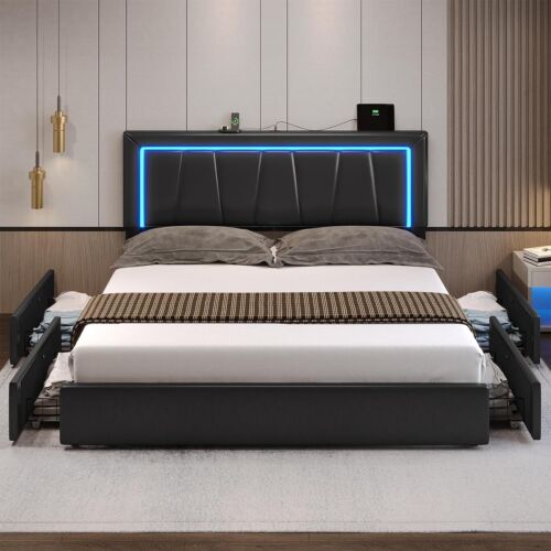 King Size Bed Frame with LED Lights & Storage Drawers Black PU Leather Bed