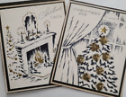 2 Vtg 1950s CHRISTMAS TREE & FIREPLACE Black & Gold Embossed CHRISTMAS CARDS
