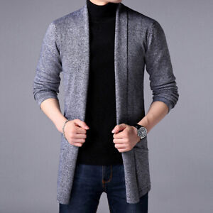 Men's Tops Knit Cardigan Mid-Length Slim Fit Long Sleeve Sweater Knitwear Jacket