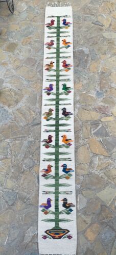 Zapotec Wool Tree of Life Rug Runner, 10x80 Inch Hand Woven White Bird Tapestry