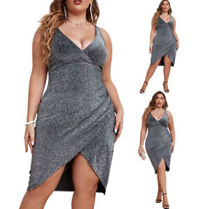 Plus Size Womens Sequins Cami Mini Dress Sexy V Neck Evening Party Bodycon Dress