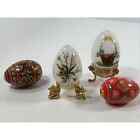 Lot of 4 Vtg Eggs 2 Signed Hand Painted Glass 1 Italy Brass Stand Lacquer Wood