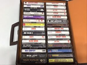 Lot of 70’s 80’s 90’s Rock Metal Cassette Tapes w/ Faux leather case acdc Dokken