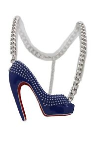 Women Fashion Jewelry Silver Chain Necklace Big Blue Stiletto Pump Shoe Pendant