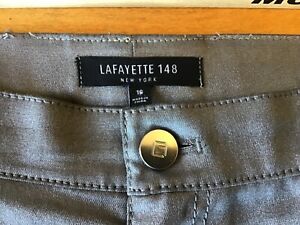 Lafayette 148 Silver  Pants Metallic Gray Slim Straight Dress Trousers Size 16