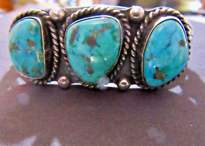 NAVAJO OLD PAWN LARGE TRIPLE TURQUOISE STONES STERLING SILVER CUFF BRACELET