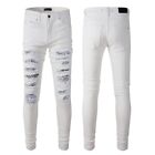 Men's Ripped Patchwork Classic White Skinny fit Frayed Stretch Slim Denim Jeans